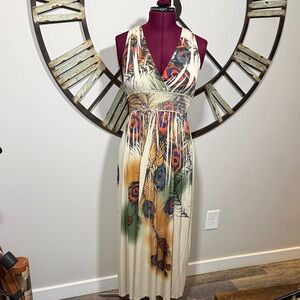 Fresh of LA Peacock Feather Print Maxi Dress